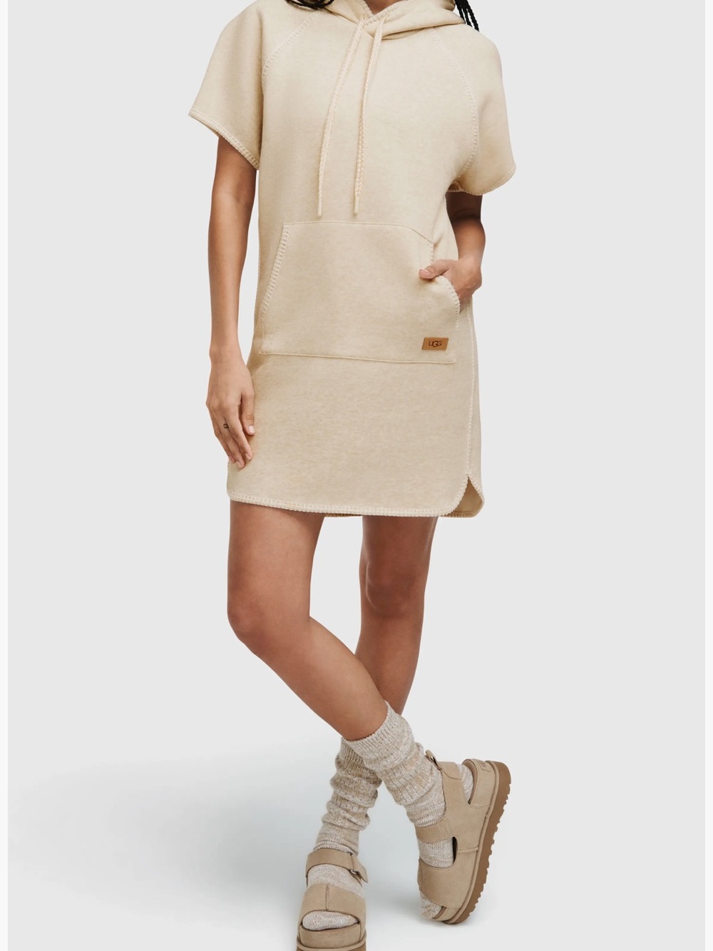 UGG Short-Sleeve Hooded Pullover Dress in Cream, size large